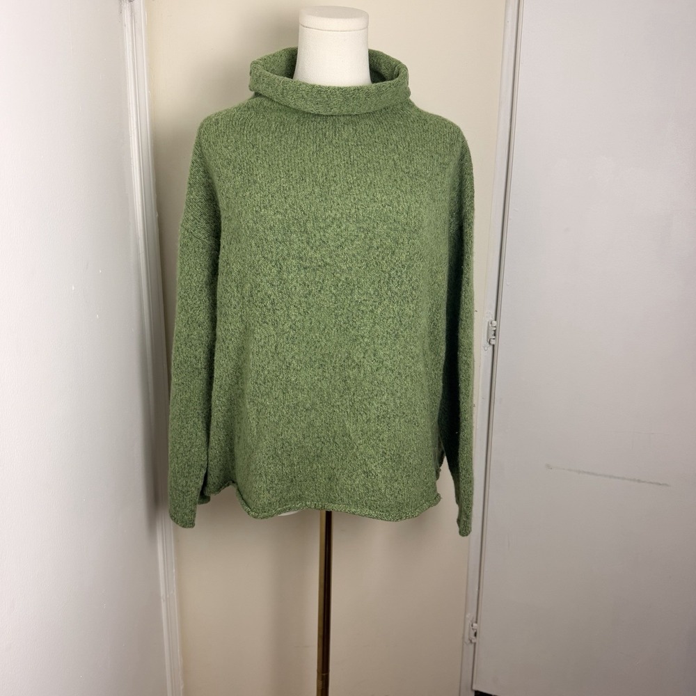 Eileen Fisher Merino Wool Boxy Turtleneck Sweater XL Italian Yarn Green